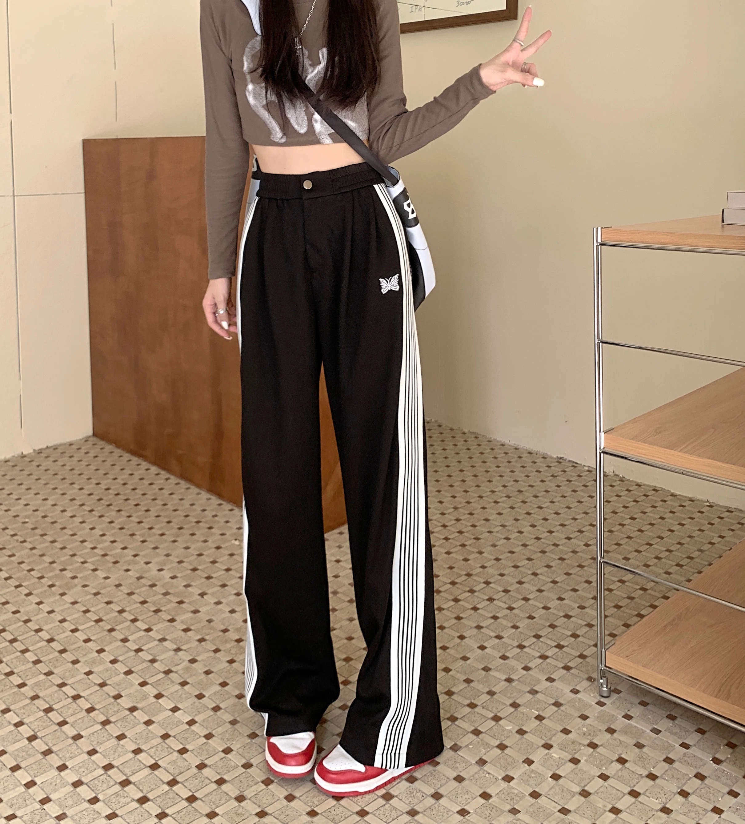 American Striped Pants Women 2025 Autumn Color Collision Loose Casual Straight Leg Sweatpants Versatile Fashion Trousers Female