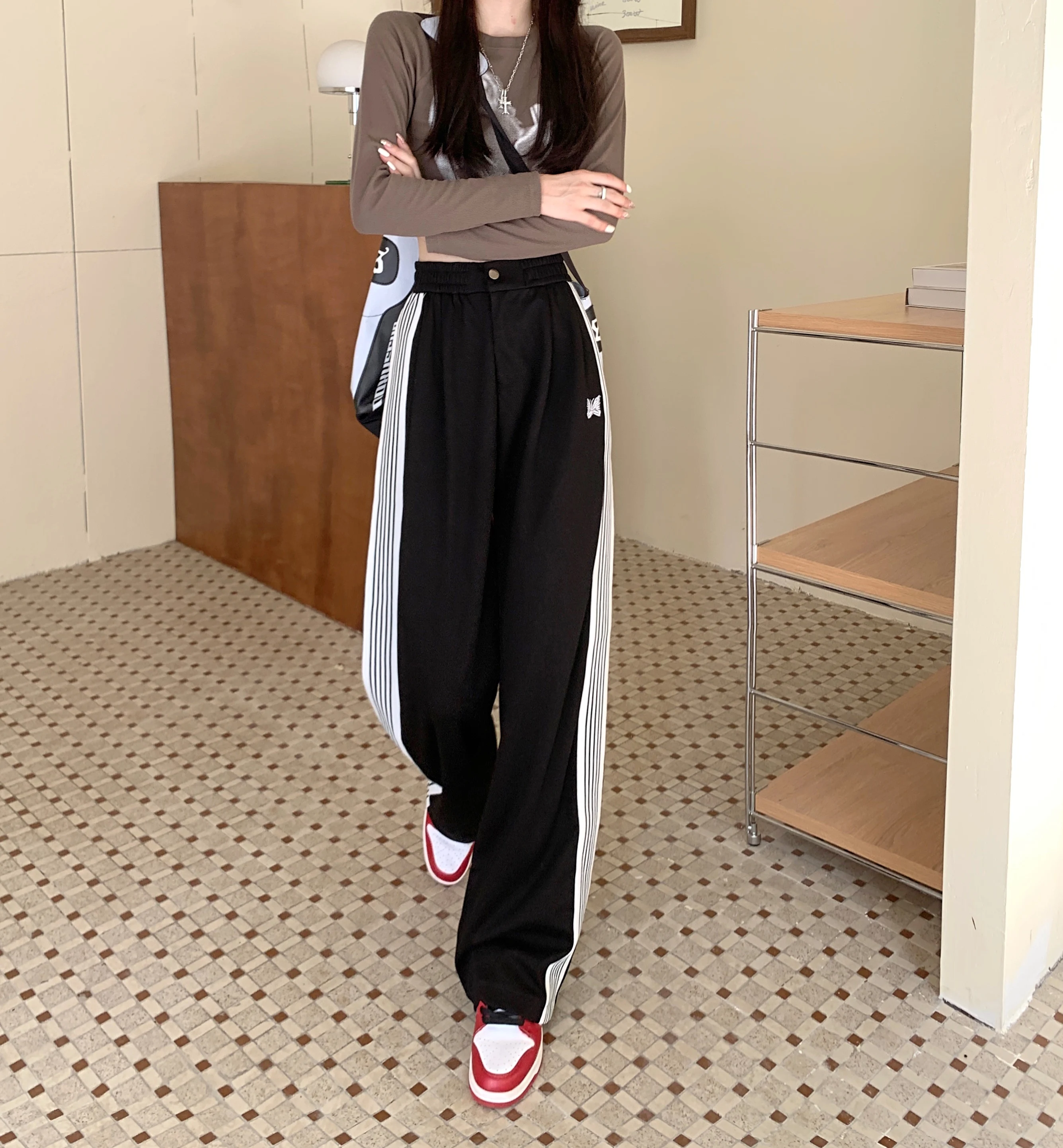 American Striped Pants Women 2025 Autumn Color Collision Loose Casual Straight Leg Sweatpants Versatile Fashion Trousers Female