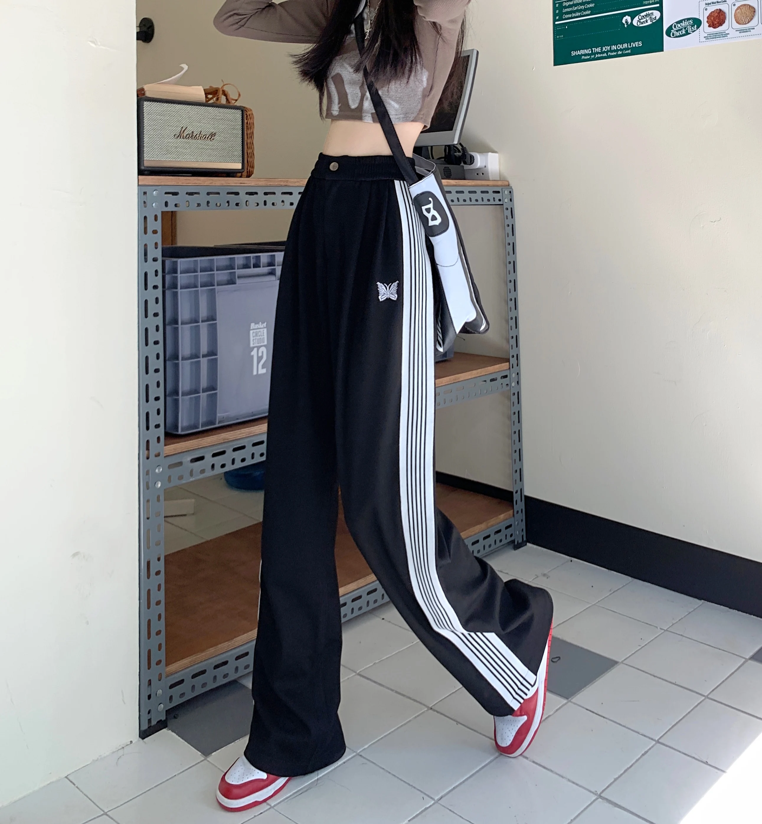 American Striped Pants Women 2025 Autumn Color Collision Loose Casual Straight Leg Sweatpants Versatile Fashion Trousers Female