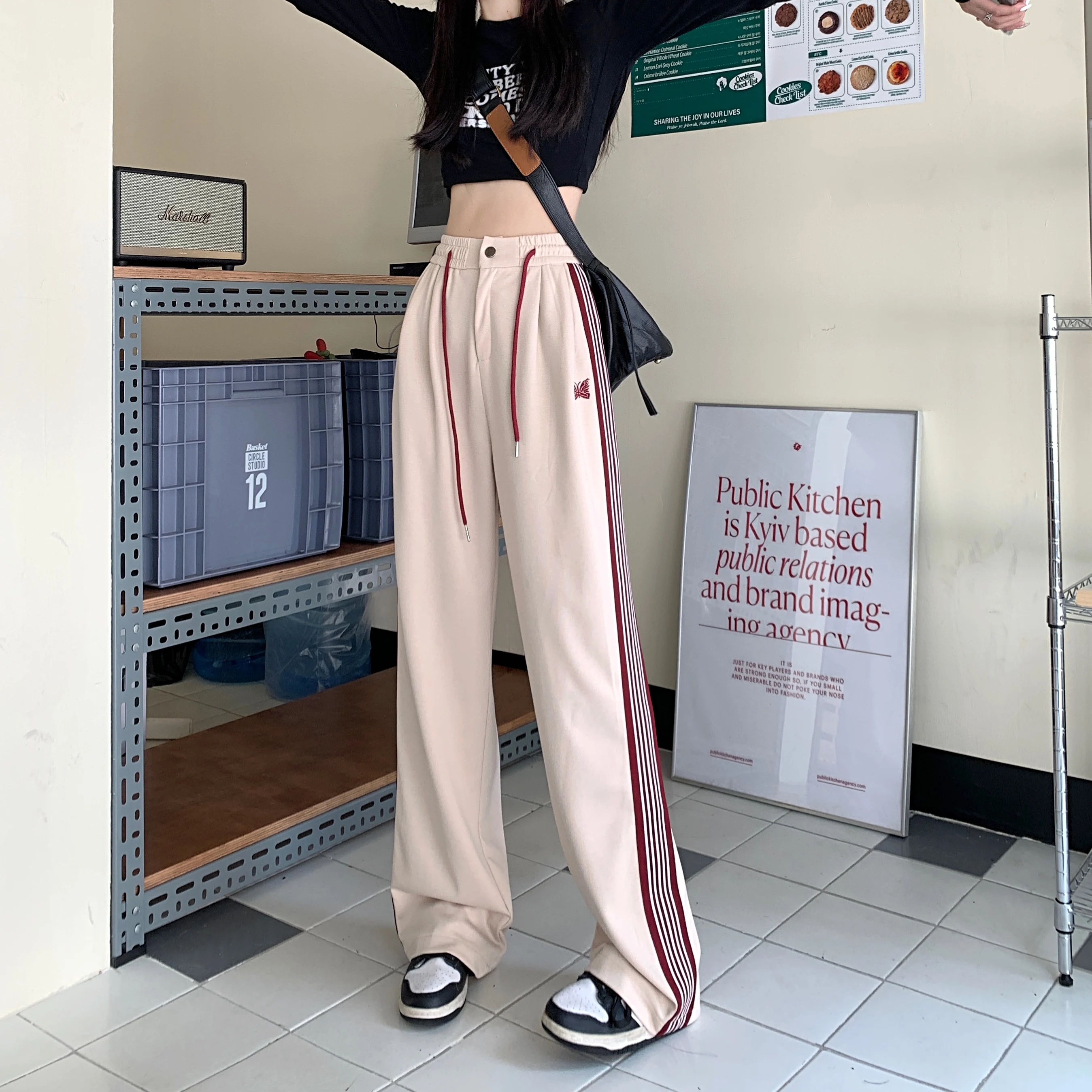 American Striped Pants Women 2025 Autumn Color Collision Loose Casual Straight Leg Sweatpants Versatile Fashion Trousers Female