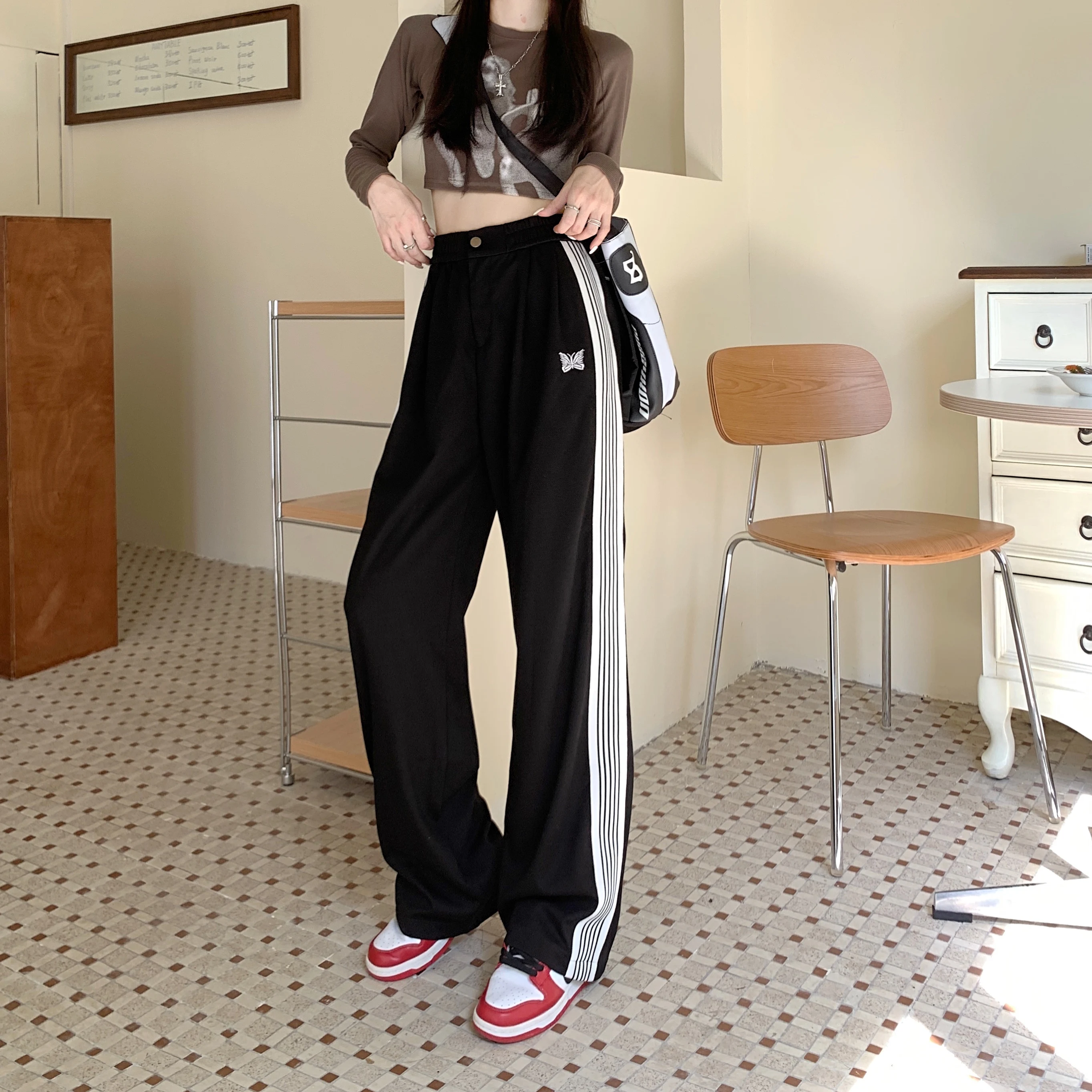 American Striped Pants Women 2025 Autumn Color Collision Loose Casual Straight Leg Sweatpants Versatile Fashion Trousers Female