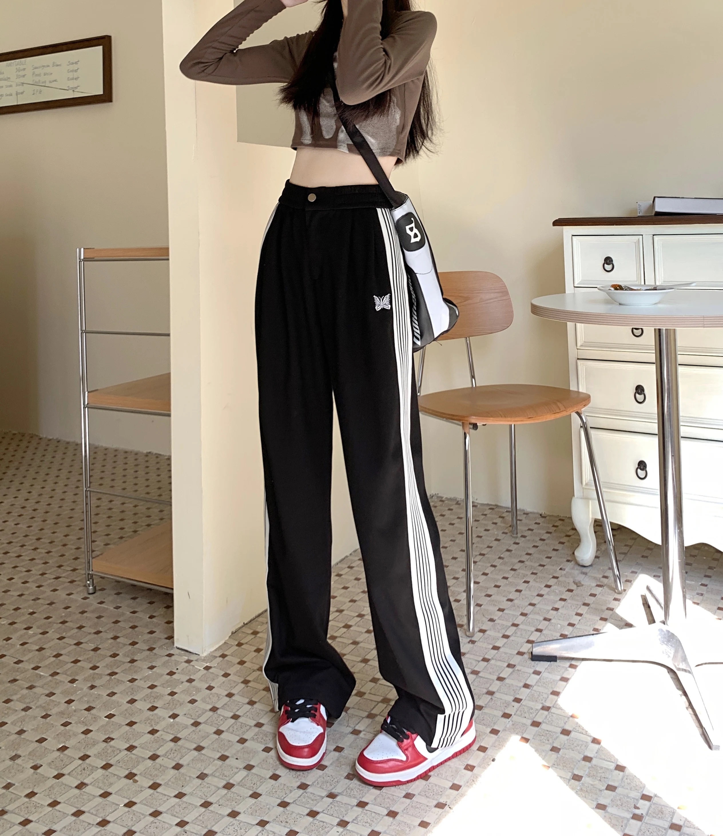 American Striped Pants Women 2025 Autumn Color Collision Loose Casual Straight Leg Sweatpants Versatile Fashion Trousers Female