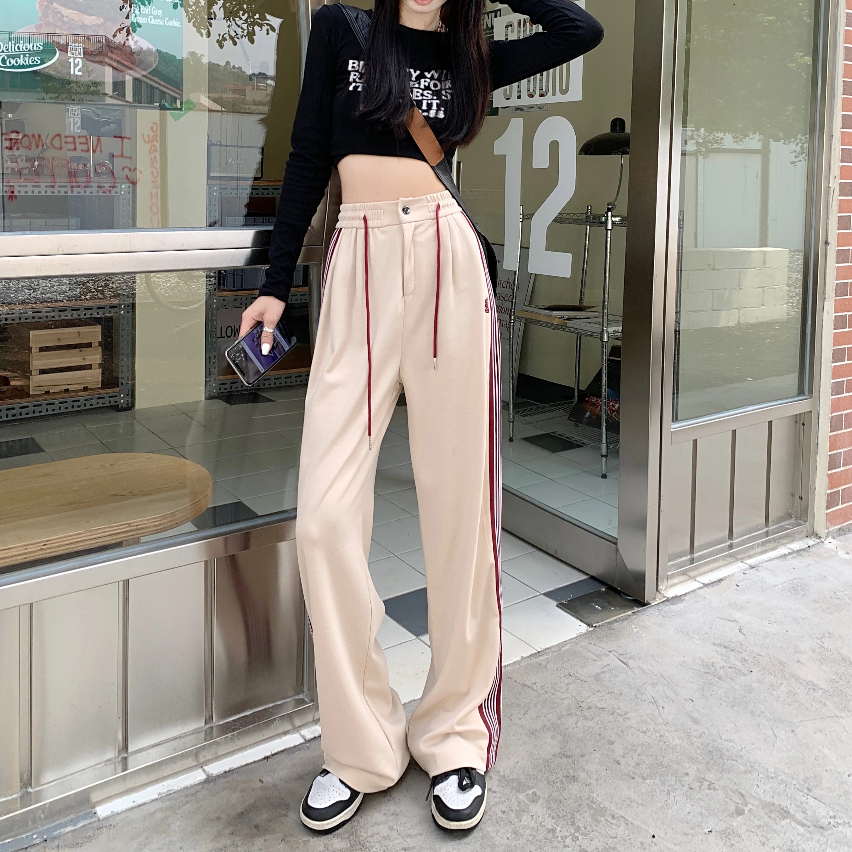 American Striped Pants Women 2025 Autumn Color Collision Loose Casual Straight Leg Sweatpants Versatile Fashion Trousers Female