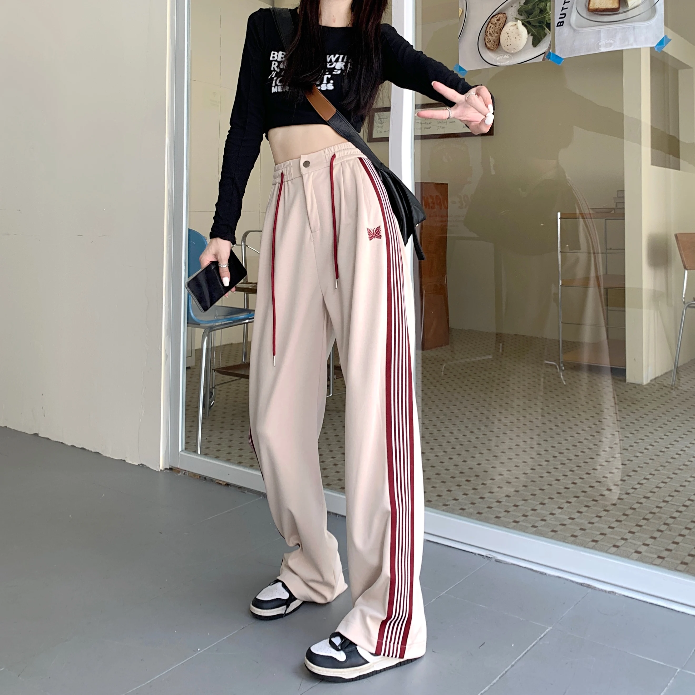 American Striped Pants Women 2025 Autumn Color Collision Loose Casual Straight Leg Sweatpants Versatile Fashion Trousers Female