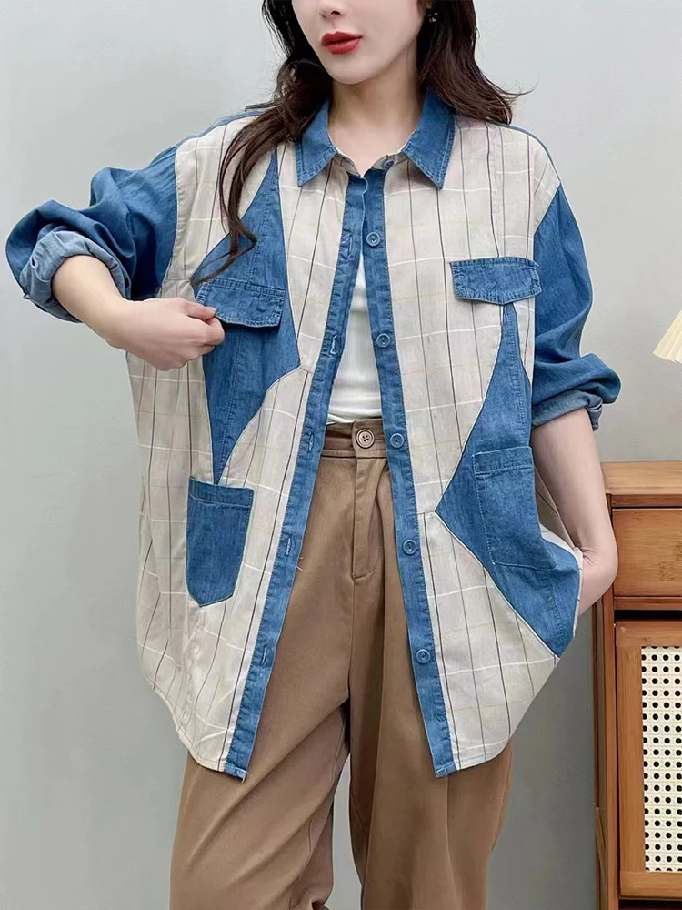 Amax luluE 2024 Fall Clothes Womens Fashion Plaid Denim Shirts Ladies Vintage Casual Big Size Blouses Classic Loose Luxury Tops