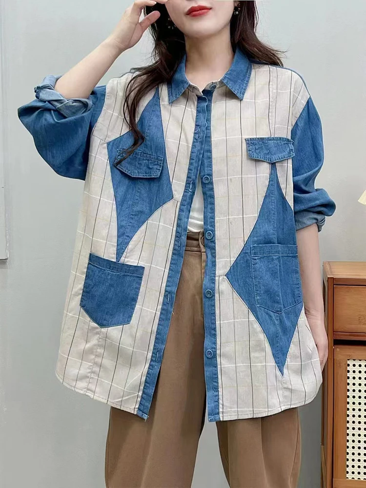 Amax luluE 2024 Fall Clothes Womens Fashion Plaid Denim Shirts Ladies Vintage Casual Big Size Blouses Classic Loose Luxury Tops