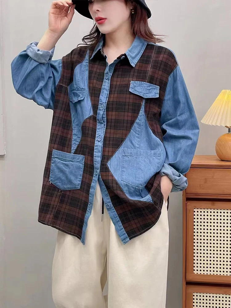 Amax luluE 2024 Fall Clothes Womens Fashion Plaid Denim Shirts Ladies Vintage Casual Big Size Blouses Classic Loose Luxury Tops