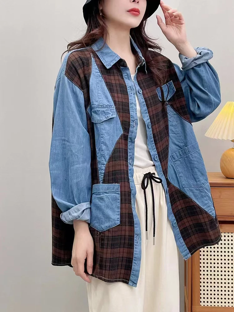 Amax luluE 2024 Fall Clothes Womens Fashion Plaid Denim Shirts Ladies Vintage Casual Big Size Blouses Classic Loose Luxury Tops