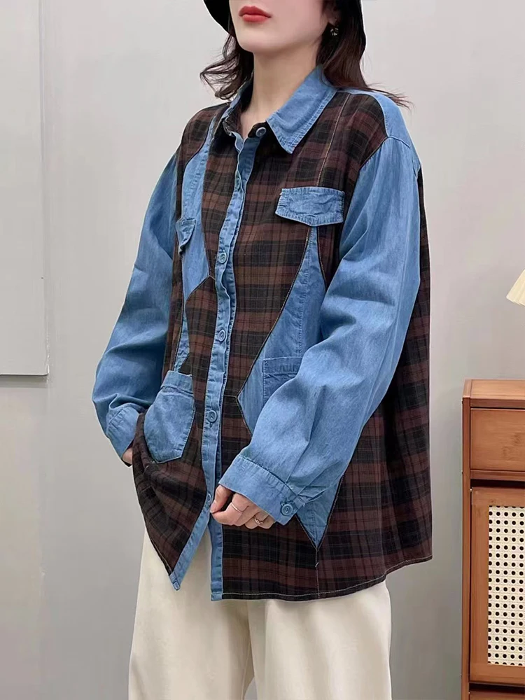 Amax luluE 2024 Fall Clothes Womens Fashion Plaid Denim Shirts Ladies Vintage Casual Big Size Blouses Classic Loose Luxury Tops