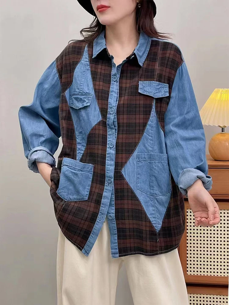 Amax luluE 2024 Fall Clothes Womens Fashion Plaid Denim Shirts Ladies Vintage Casual Big Size Blouses Classic Loose Luxury Tops