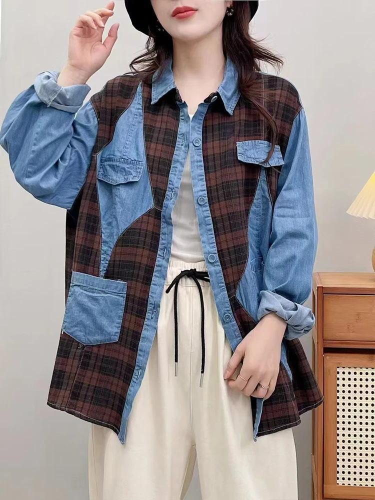 Amax luluE 2024 Fall Clothes Womens Fashion Plaid Denim Shirts Ladies Vintage Casual Big Size Blouses Classic Loose Luxury Tops