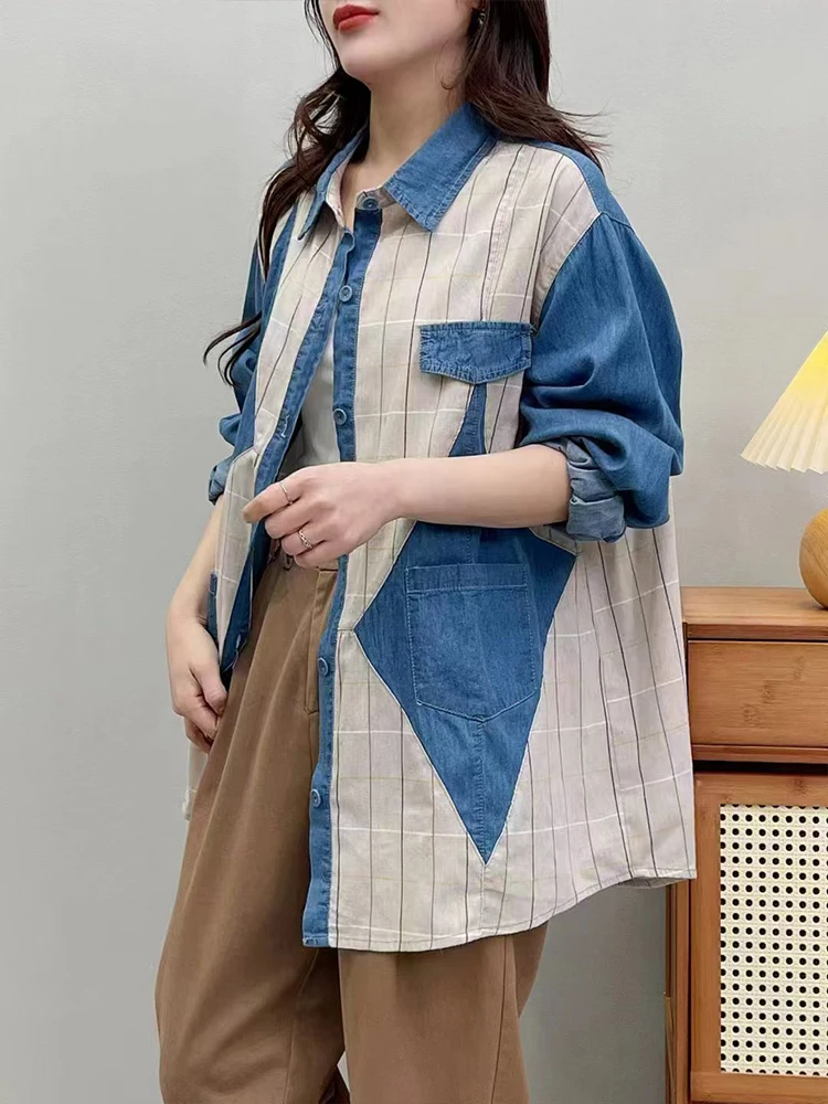 Amax luluE 2024 Fall Clothes Womens Fashion Plaid Denim Shirts Ladies Vintage Casual Big Size Blouses Classic Loose Luxury Tops