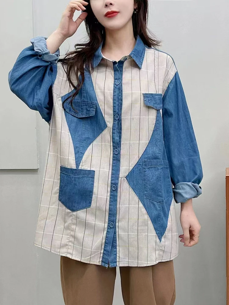 Amax luluE 2024 Fall Clothes Womens Fashion Plaid Denim Shirts Ladies Vintage Casual Big Size Blouses Classic Loose Luxury Tops
