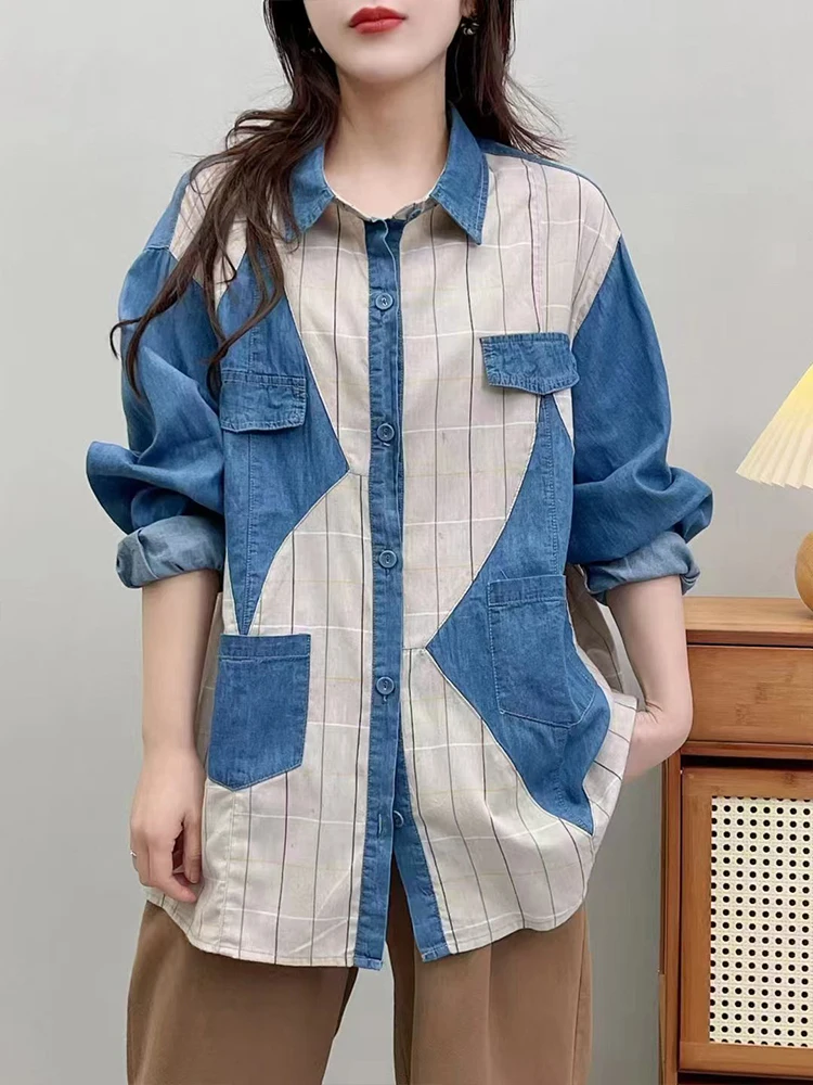 Amax luluE 2024 Fall Clothes Womens Fashion Plaid Denim Shirts Ladies Vintage Casual Big Size Blouses Classic Loose Luxury Tops