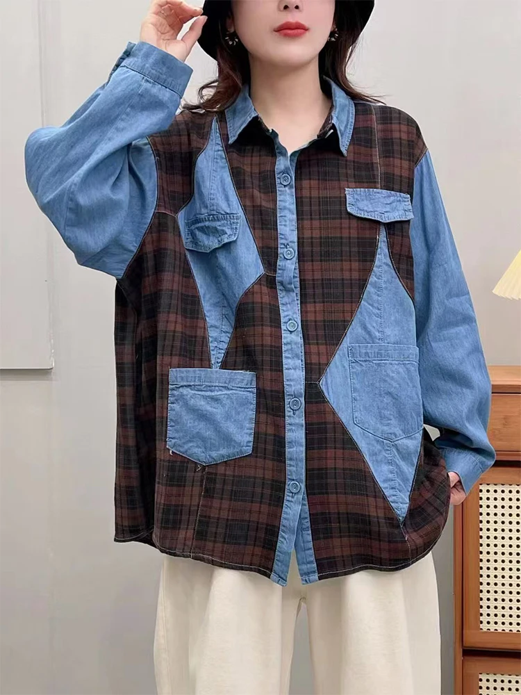 Amax luluE 2024 Fall Clothes Womens Fashion Plaid Denim Shirts Ladies Vintage Casual Big Size Blouses Classic Loose Luxury Tops