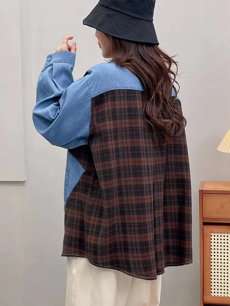 Amax luluE 2024 Fall Clothes Womens Fashion Plaid Denim Shirts Ladies Vintage Casual Big Size Blouses Classic Loose Luxury Tops