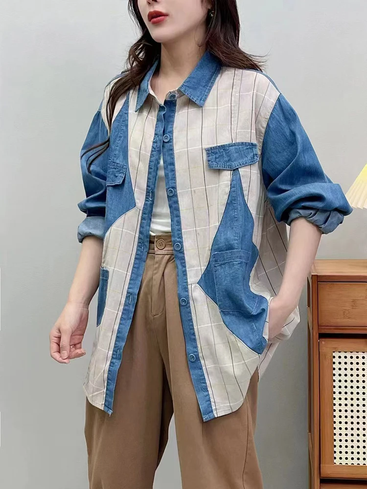 Amax luluE 2024 Fall Clothes Womens Fashion Plaid Denim Shirts Ladies Vintage Casual Big Size Blouses Classic Loose Luxury Tops