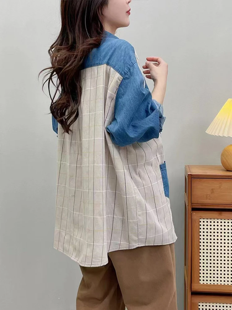 Amax luluE 2024 Fall Clothes Womens Fashion Plaid Denim Shirts Ladies Vintage Casual Big Size Blouses Classic Loose Luxury Tops