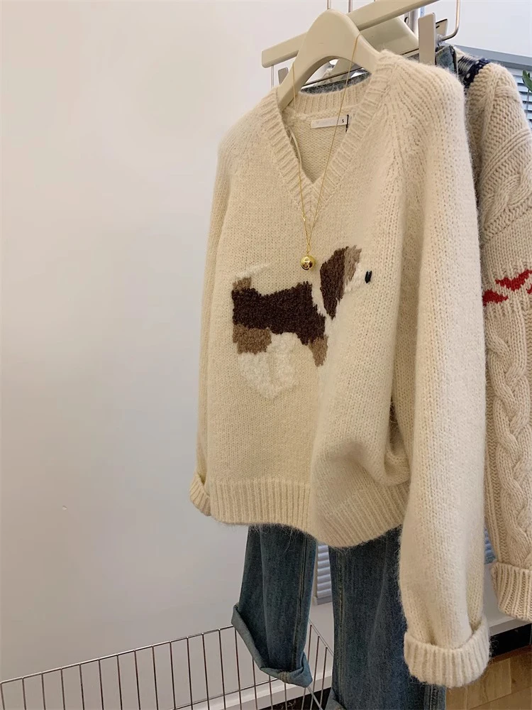 Women's V-neck Pullover Sweater Design Sense Niche Tops Autumn Winter Lazy Style Sweater Thickened Knitted Top