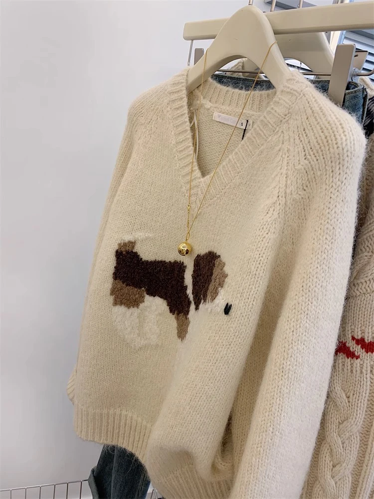 Women's V-neck Pullover Sweater Design Sense Niche Tops Autumn Winter Lazy Style Sweater Thickened Knitted Top