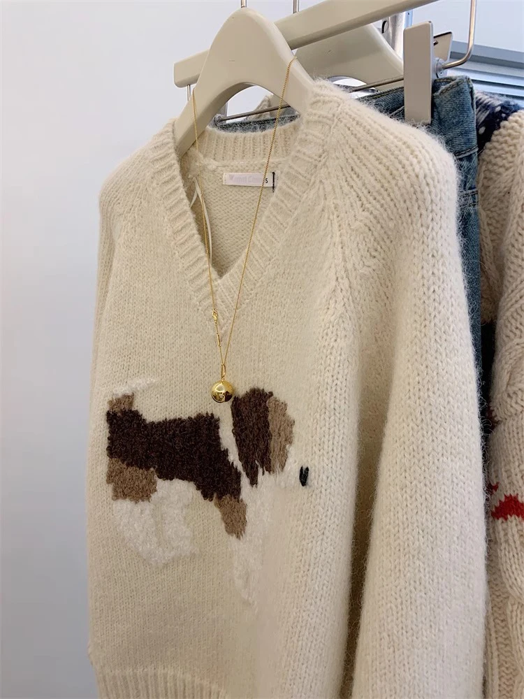 Women's V-neck Pullover Sweater Design Sense Niche Tops Autumn Winter Lazy Style Sweater Thickened Knitted Top