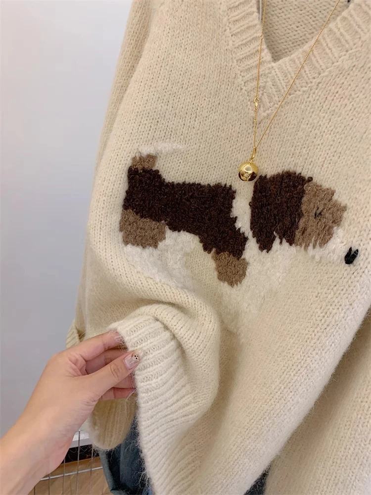 Women's V-neck Pullover Sweater Design Sense Niche Tops Autumn Winter Lazy Style Sweater Thickened Knitted Top