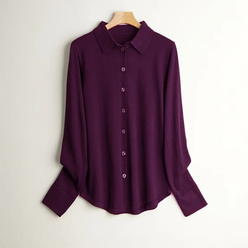 Birdtree 63.9% Silk 15.9%Cotton Shirt, 2025 Women's Autumn New Round, Solid Long Sleeve Sweater Knitted Blouses T37652QC