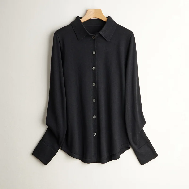 Birdtree 63.9% Silk 15.9%Cotton Shirt, 2025 Women's Autumn New Round, Solid Long Sleeve Sweater Knitted Blouses T37652QC