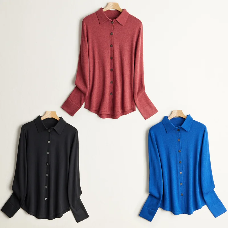 Birdtree 63.9% Silk 15.9%Cotton Shirt, 2025 Women's Autumn New Round, Solid Long Sleeve Sweater Knitted Blouses T37652QC