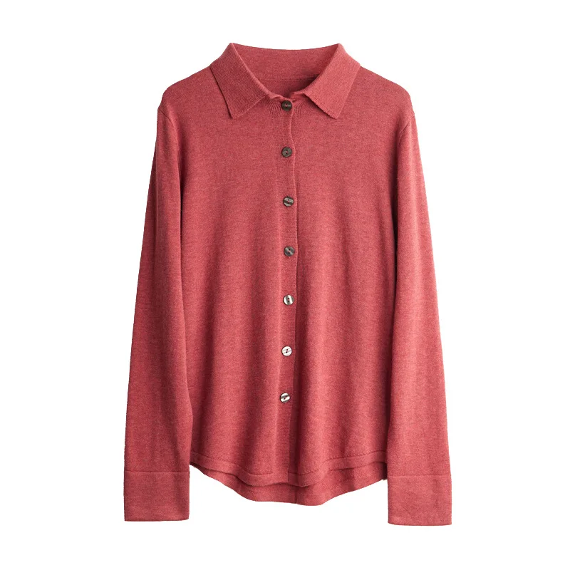 Birdtree 63.9% Silk 15.9%Cotton Shirt, 2025 Women's Autumn New Round, Solid Long Sleeve Sweater Knitted Blouses T37652QC