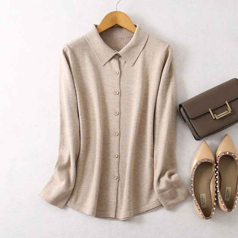 Birdtree 63.9% Silk 15.9%Cotton Shirt, 2025 Women's Autumn New Round, Solid Long Sleeve Sweater Knitted Blouses T37652QC