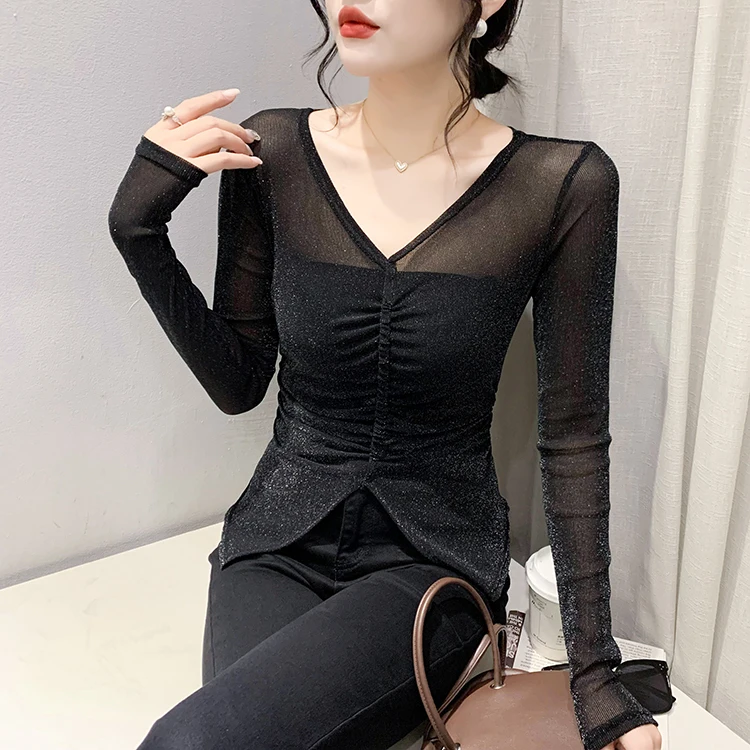 MadBlack Spring Summer European Clothes V Necks Tshirts Female Sexy Printed Drawstring Slim Thin Tops Short Sleeve T34330C