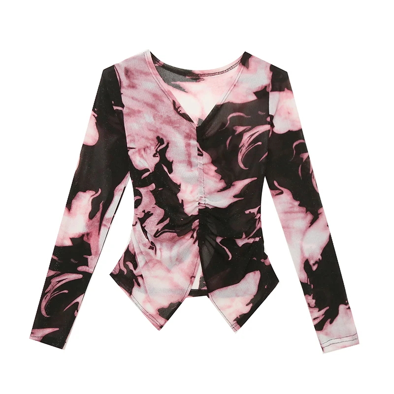MadBlack Spring Summer European Clothes V Necks Tshirts Female Sexy Printed Drawstring Slim Thin Tops Short Sleeve T34330C