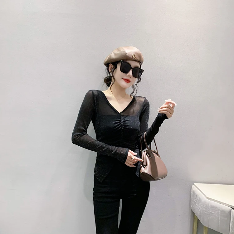 MadBlack Spring Summer European Clothes V Necks Tshirts Female Sexy Printed Drawstring Slim Thin Tops Short Sleeve T34330C