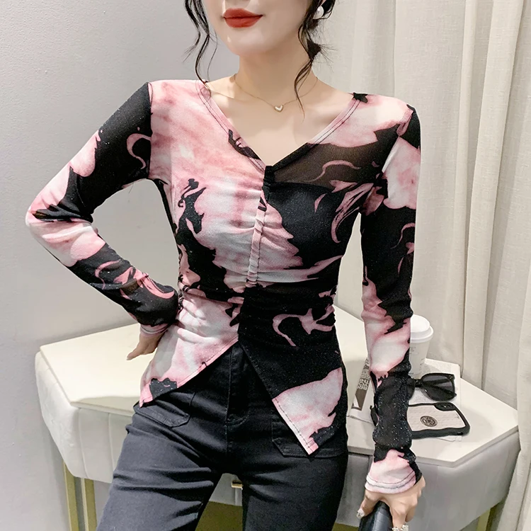 MadBlack Spring Summer European Clothes V Necks Tshirts Female Sexy Printed Drawstring Slim Thin Tops Short Sleeve T34330C