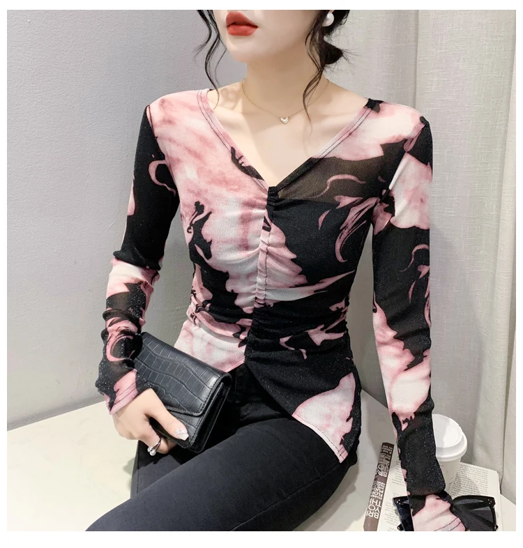 MadBlack Spring Summer European Clothes V Necks Tshirts Female Sexy Printed Drawstring Slim Thin Tops Short Sleeve T34330C