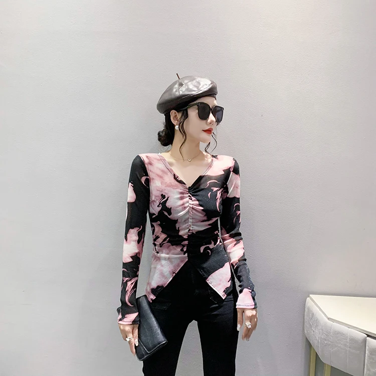 MadBlack Spring Summer European Clothes V Necks Tshirts Female Sexy Printed Drawstring Slim Thin Tops Short Sleeve T34330C