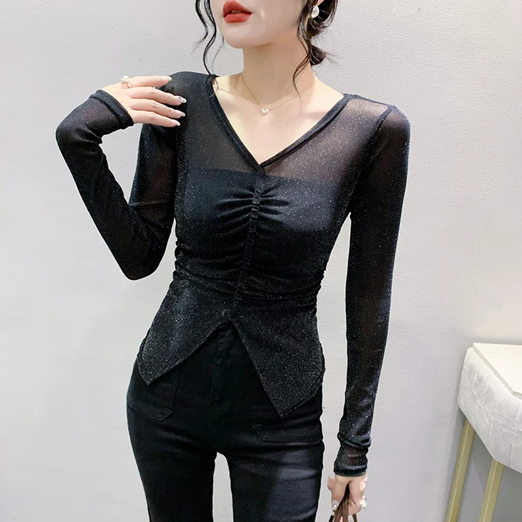 MadBlack Spring Summer European Clothes V Necks Tshirts Female Sexy Printed Drawstring Slim Thin Tops Short Sleeve T34330C