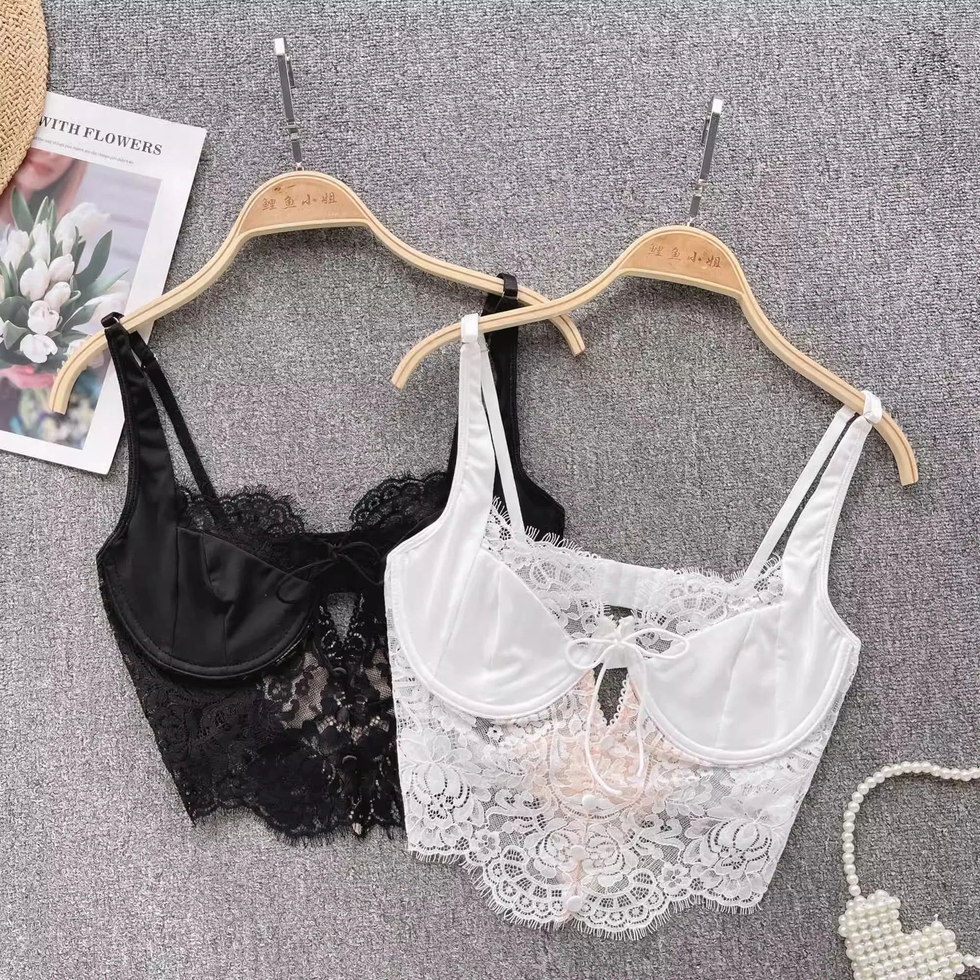 Magdalyn Women Floral Lace Summer Camis Streetwear Boho Beach Basic Sling Tops Ins Casual Elastic Fashion Hollow Sheer Camisole
