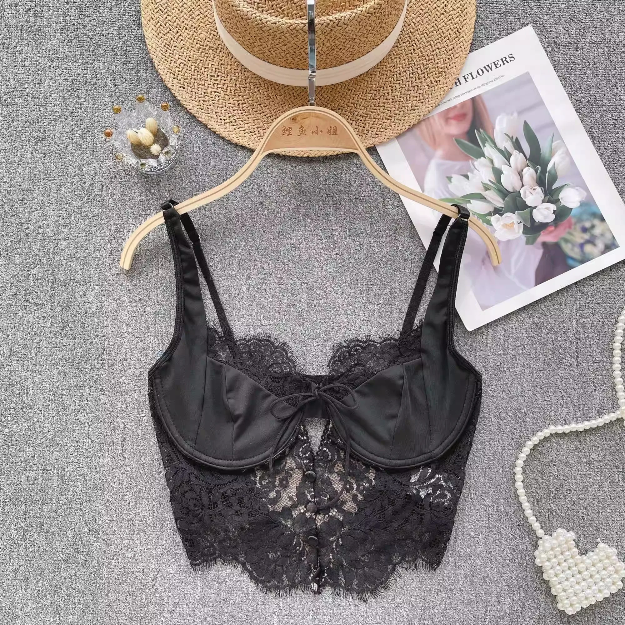 Magdalyn Women Floral Lace Summer Camis Streetwear Boho Beach Basic Sling Tops Ins Casual Elastic Fashion Hollow Sheer Camisole