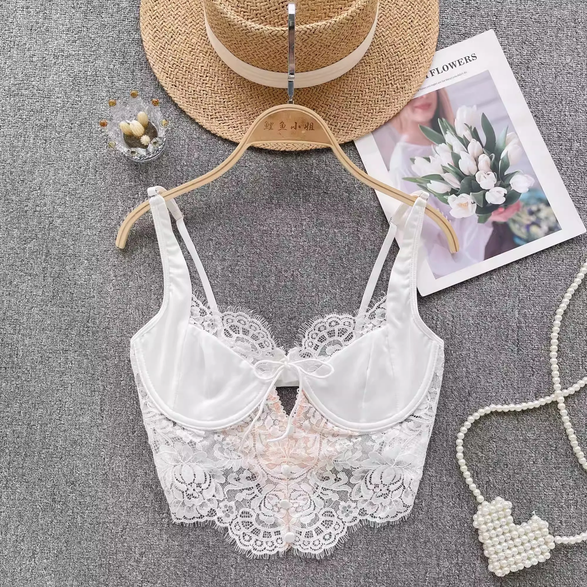 Magdalyn Women Floral Lace Summer Camis Streetwear Boho Beach Basic Sling Tops Ins Casual Elastic Fashion Hollow Sheer Camisole