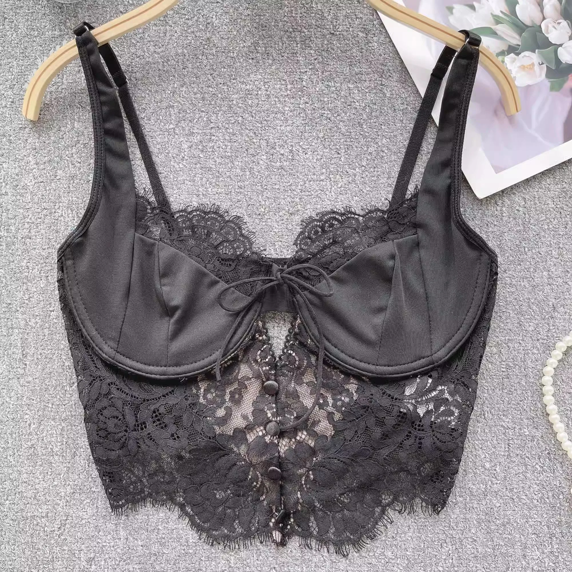 Magdalyn Women Floral Lace Summer Camis Streetwear Boho Beach Basic Sling Tops Ins Casual Elastic Fashion Hollow Sheer Camisole