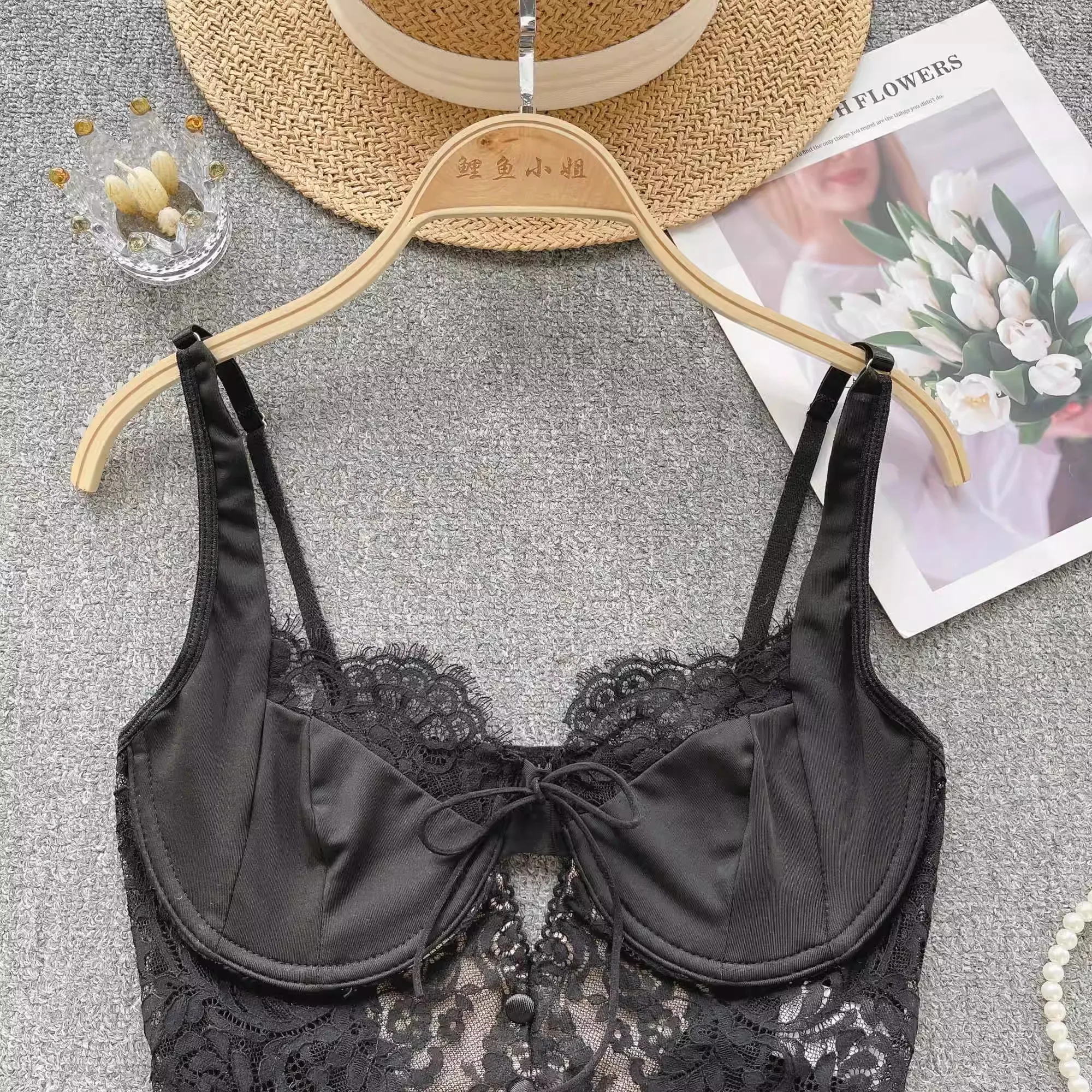 Magdalyn Women Floral Lace Summer Camis Streetwear Boho Beach Basic Sling Tops Ins Casual Elastic Fashion Hollow Sheer Camisole