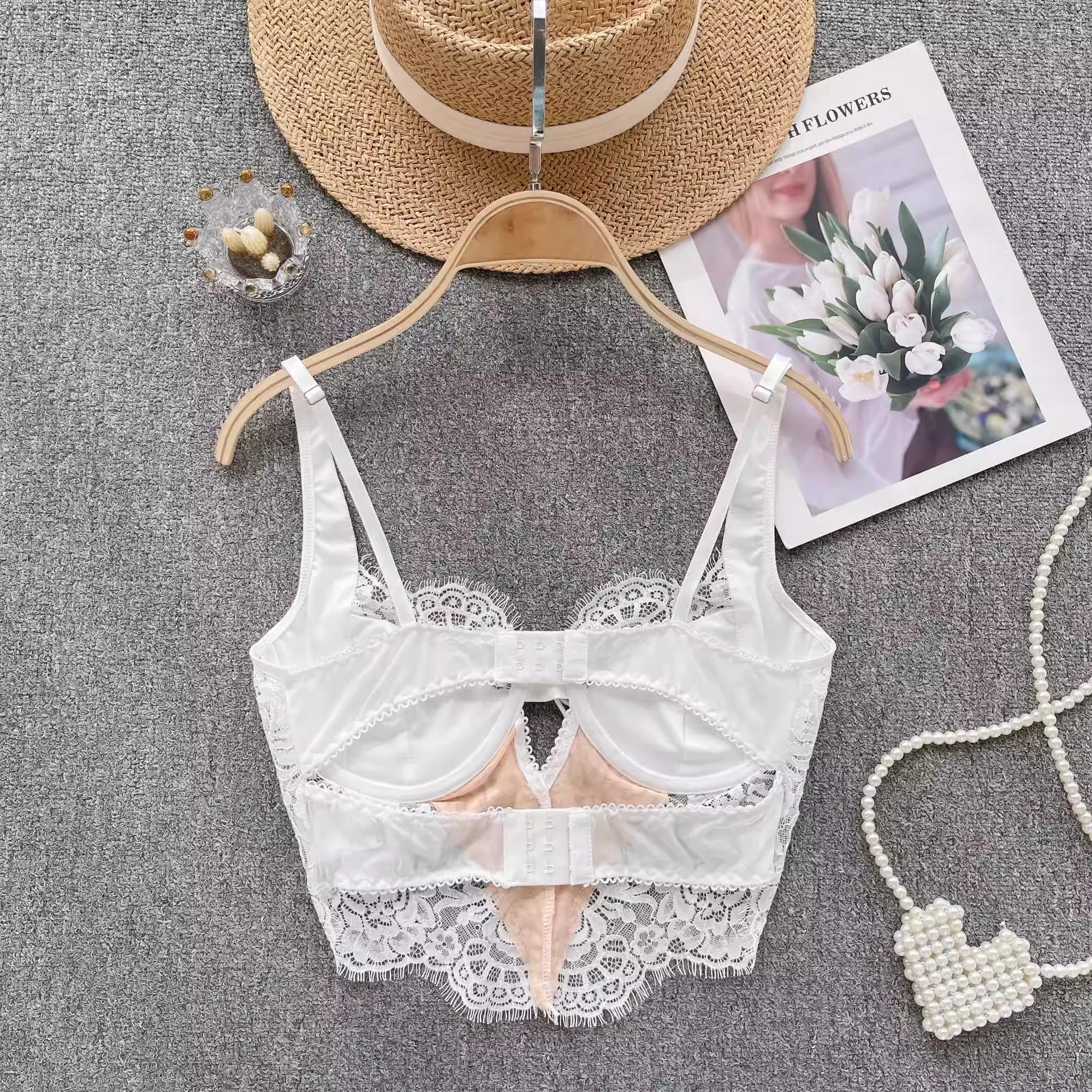 Magdalyn Women Floral Lace Summer Camis Streetwear Boho Beach Basic Sling Tops Ins Casual Elastic Fashion Hollow Sheer Camisole