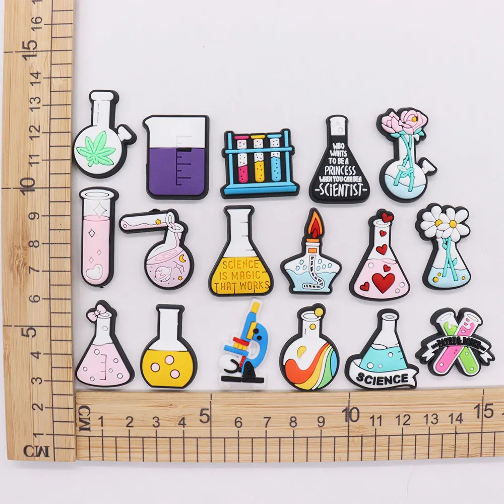 1-17Pcs PVC Science Lab Equipment DIY Shoe Charm Children Button Clog Test Tube Sandals Decorations Birthday Gift