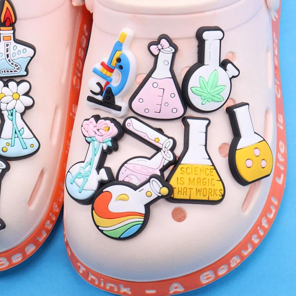 1-17Pcs PVC Science Lab Equipment DIY Shoe Charm Children Button Clog Test Tube Sandals Decorations Birthday Gift