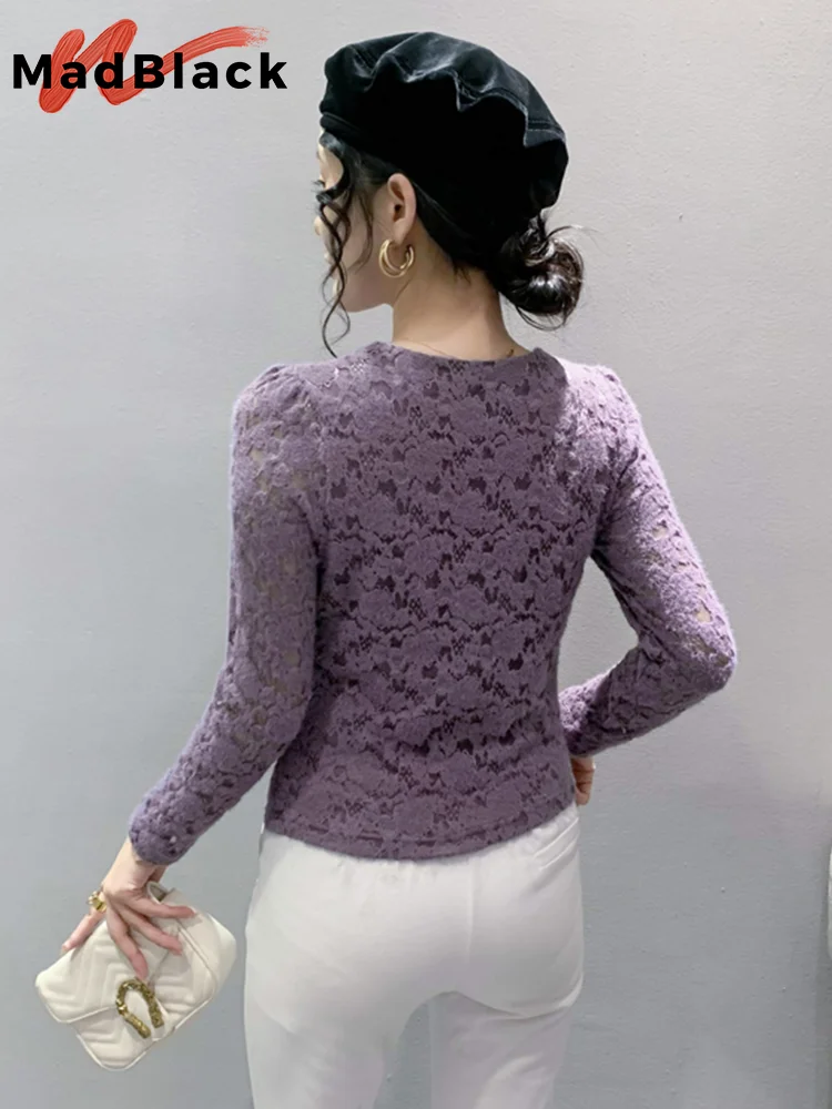 MadBlack Spring Lace Blouses European Clothes V Necks Women Blouse Niche Long Sleeve Outer Wear Workwear Bottoming Tops T33110Z