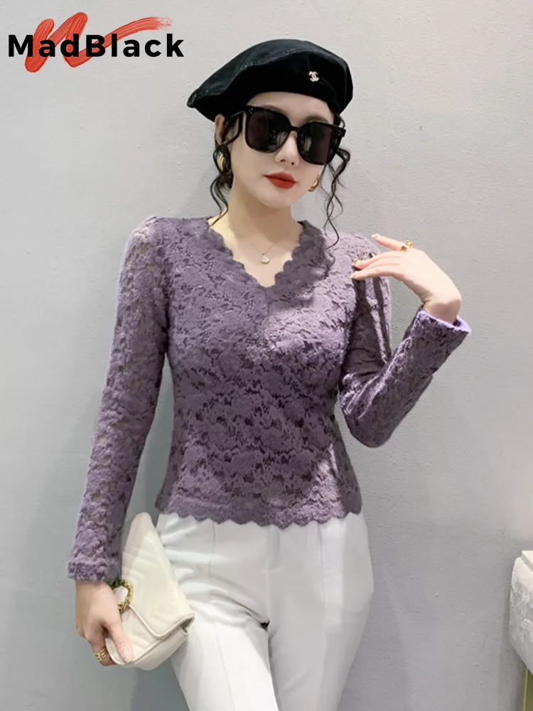 MadBlack Spring Lace Blouses European Clothes V Necks Women Blouse Niche Long Sleeve Outer Wear Workwear Bottoming Tops T33110Z