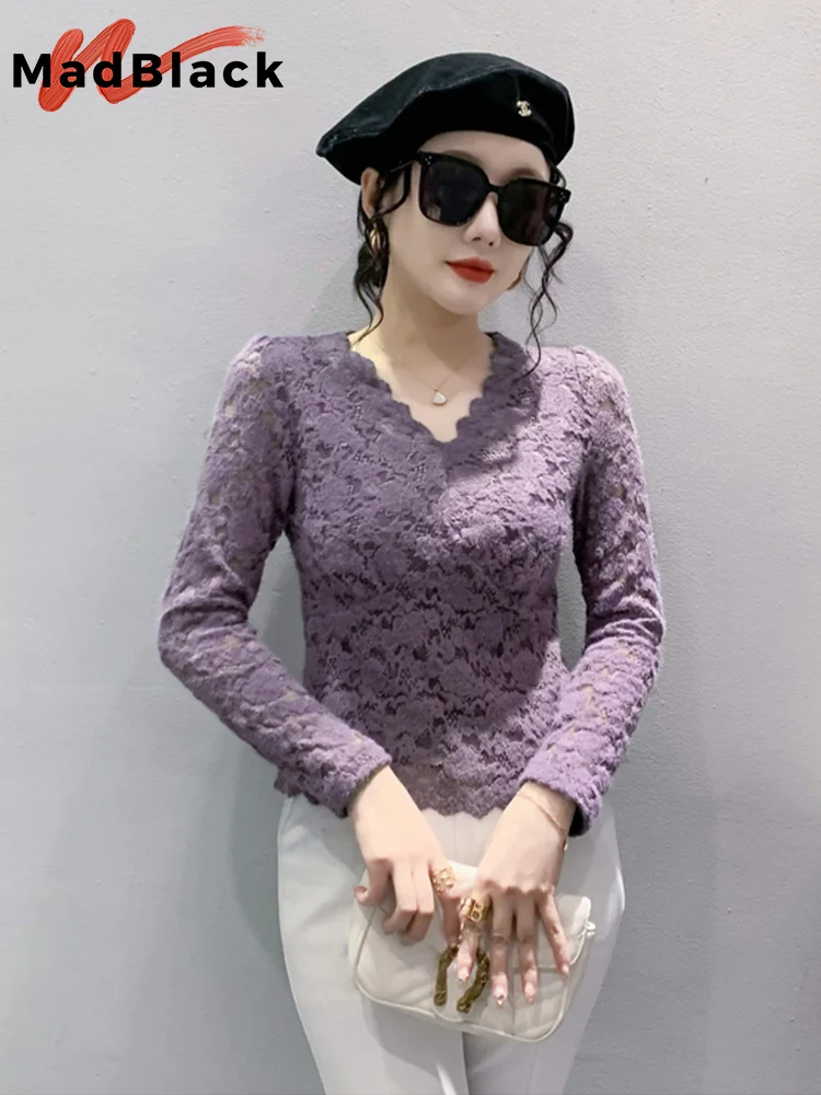 MadBlack Spring Lace Blouses European Clothes V Necks Women Blouse Niche Long Sleeve Outer Wear Workwear Bottoming Tops T33110Z