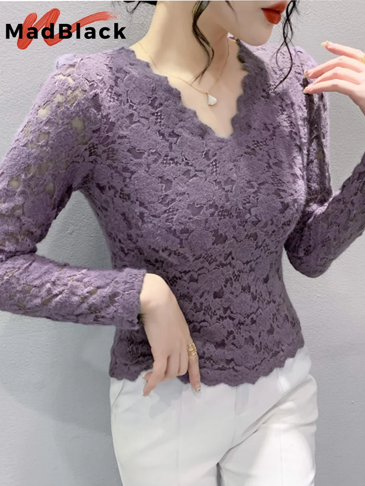MadBlack Spring Lace Blouses European Clothes V Necks Women Blouse Niche Long Sleeve Outer Wear Workwear Bottoming Tops T33110Z